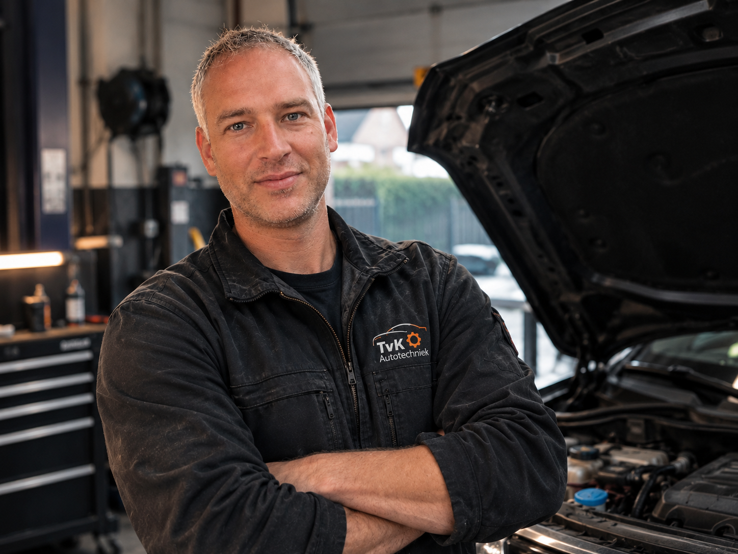 Tim van TvK Autotechniek in zijn werkplaats naast een auto met open motorkap